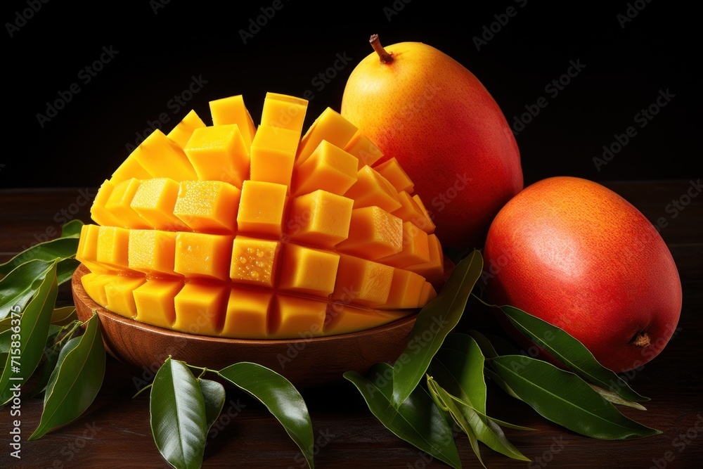 ripe mango cut into cubes and served in a wooden bowl