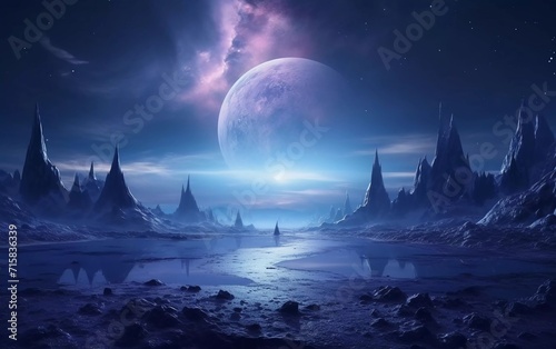 Futuristic fantasy landscape, science fiction landscape with planets, beautiful neon lights