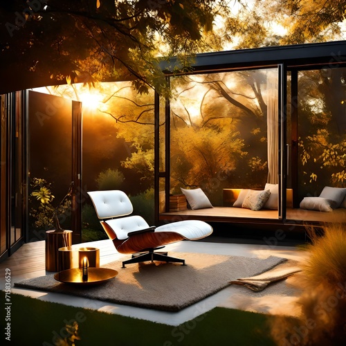 Backyard retreat featuring an Eames chair, bathed in the golden glow of a summer sunset