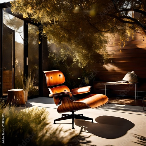 Eames chair in a contemporary backyard oasis, bathed in warm afternoon sunlight