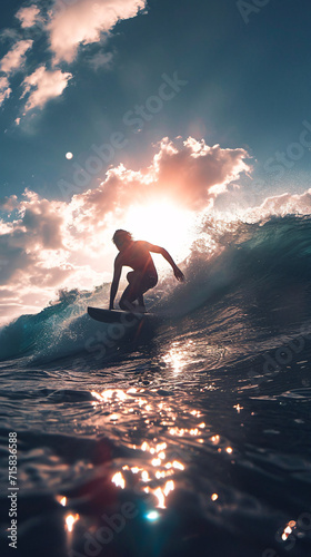 Surfer in Silhouette Against Sparkling Ocean Sunset