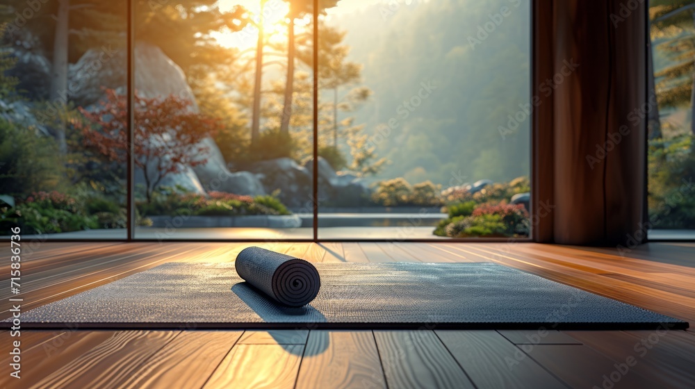 Fototapeta premium Rolling Yoga mat, Healthy Lifestyle, Fitness. Close to a window with a natural backdrop. Yoga relaxation.