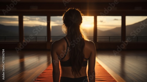 Yoga room, woman practice yoga in a quiet environment. Healthy Lifestyle, Fitness. Close to a window with a natural backdrop, sunset. Yoga relaxation.