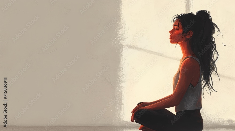 Obraz premium Yoga pose, woman practice yoga in a quiet environment, white background, copy space for text. Healthy Lifestyle, Fitness, sport. Yoga relaxation.