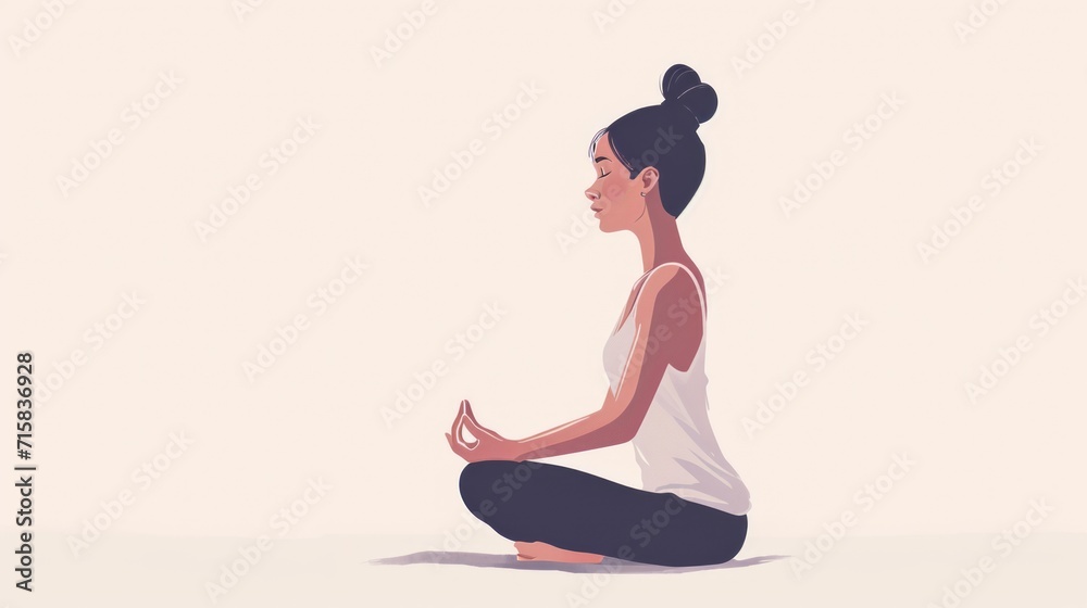 Yoga pose, woman practice yoga in a quiet environment, white background, copy space for text. Healthy Lifestyle, Fitness, sport. Yoga relaxation.
