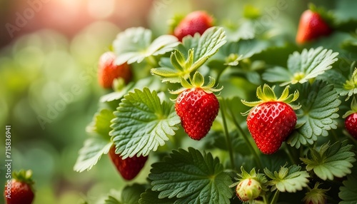 Strawberries on bush. Red ripe juicy strawberries growing on a bush. Healthy fresh fruits - healthy lifestyle