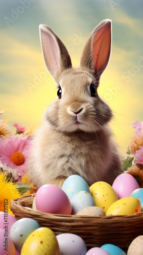 A portrait of a country easter bunny with an isolated pastel background and easter eggs 