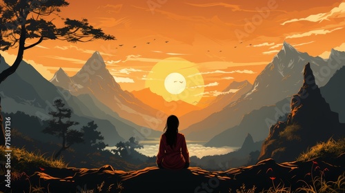 Yoga pose, woman practice yoga in a quiet environment, in the forest, mountains. Healthy Lifestyle, Fitness. With a natural backdrop, sunset. Yoga relaxation. photo
