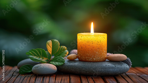 Spa still life with candle and zen stones on wooden background