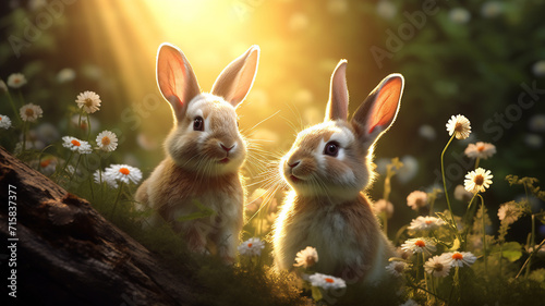 A family of rabbits sits in the sunlight or beams around spring flowers inside the forest, a distance shot of a nature background 