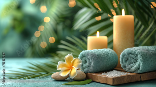 Spa composition with candles, sea salt and towel on wooden table