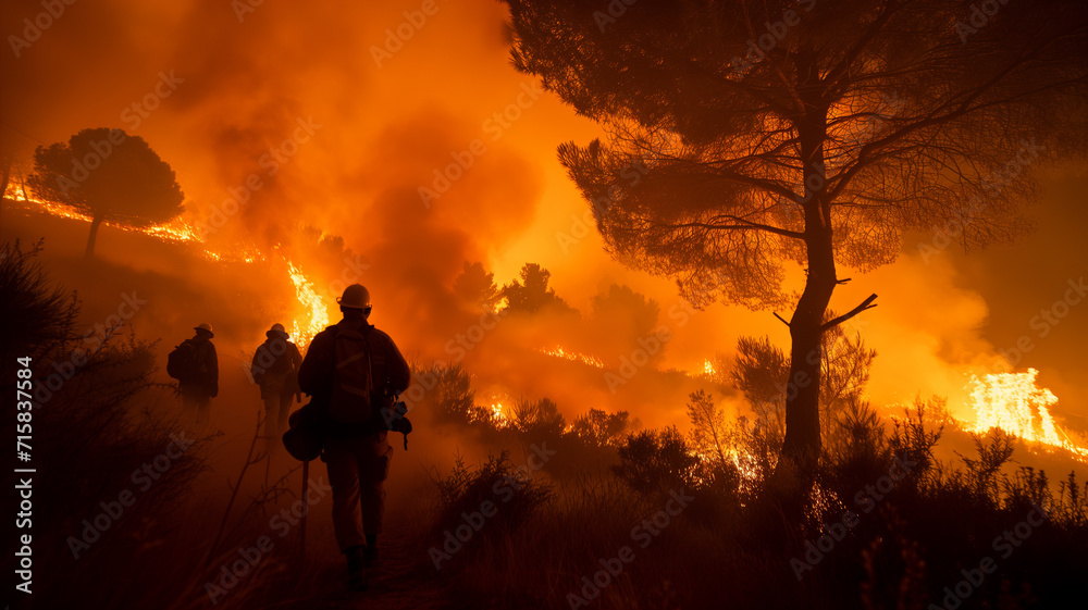 Fototapeta premium Fighting fires caused by extreme heat, climate change, ai generative
