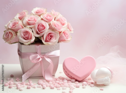 Valentines gift set with pink roses on a pink background