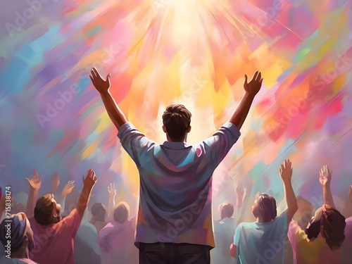 The man raises his hands to praise and glorify God. A man rejoices against the backdrop of an oil painting with a colorful pastel pattern. Generative AI