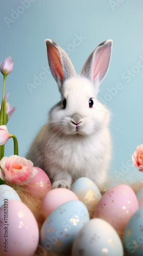 A portrait of a glamorous easter bunny with an isolated pastel background and easter eggs 