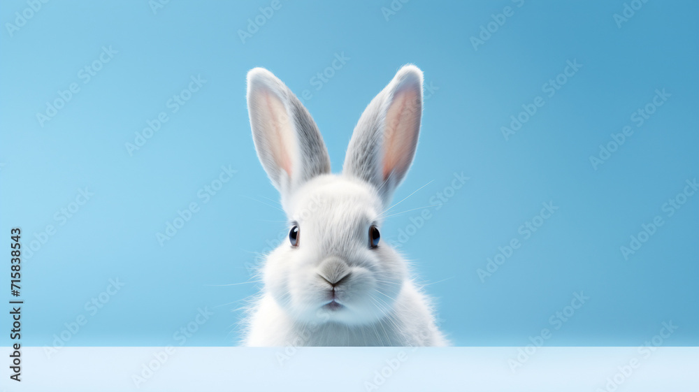 White easter bunny ears on a blue and minimalist background 