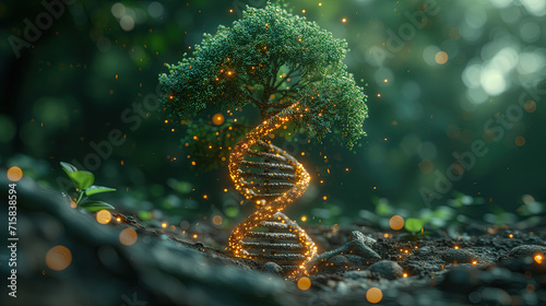 concept of green biotechnology or synthetic biology, graphic of plant with DNA. photo