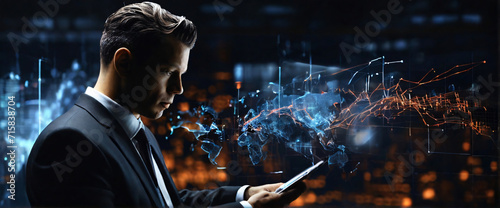 businessman using a tablet is in a sihouette double exposure. In the background is a flow of data showing various cyber threats and vulnerabilities. Stylish in the style of double exposure
