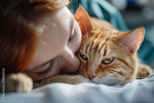 Cat in a loving attitude with its owner