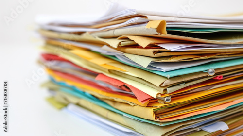 Stack of assorted colorful papers and folders, likely representing organization, administration, or paperwork.