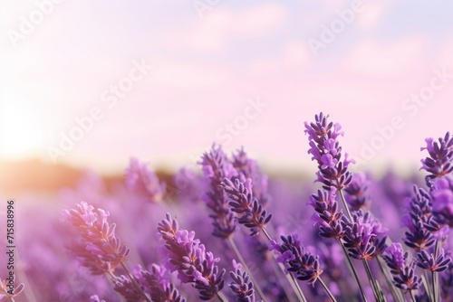 Sunlit field of lavender flowers with clear open space for text overlay.