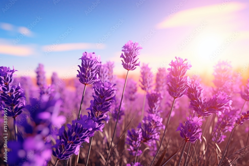 Sunlit field of lavender flowers with ample open space for text placement.