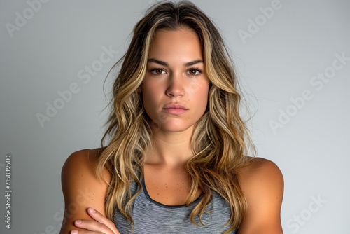 A woman with long, blonde hair and a serious expression stands in front of a grey background with her arms crossed.