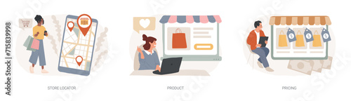 E-commerce website isolated concept vector illustration set. Store locator, product, pricing, website menu bar, find us, service catalog, retail store, online shopping, wishlist vector concept.