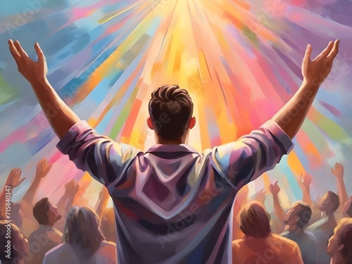 The man raises his hands to praise and glorify God. A man rejoices against the backdrop of an oil painting with a colorful pastel pattern. Generative AI