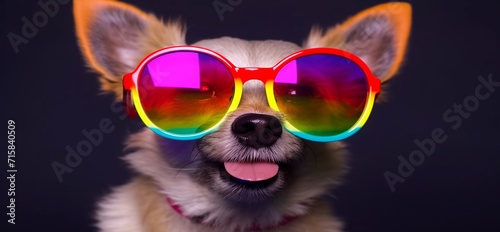 Cute dog with colorful sunglasses , symbolic of LGBTQ campaign © VSzili