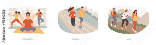 Sports lifestyle isolated concept vector illustration set. Yoga school, running and hiking, fitness studio, meditation practice, morning jogging, mountain climbing, trekking trail vector concept.