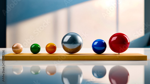 Row of colorful balls sitting on top of wooden table next to window. photo