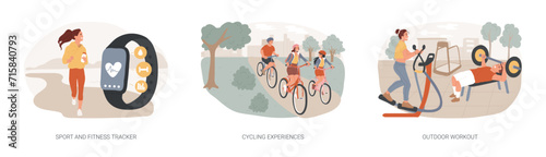 Active lifestyle isolated concept vector illustration set. Sport and fitness tracker, cycling experiences, outdoor workout, bike ride, street gym, exercise program, health monitor vector concept.