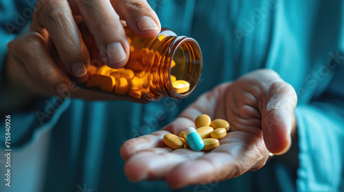 Fotografering Close-up of someone pouring a variety of pills from a prescription bottle into t