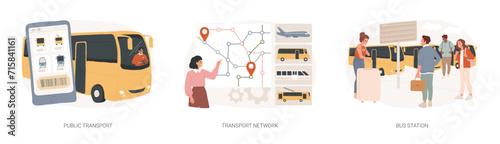 Urban transportation isolated concept vector illustration set. Public transport, transport network, bus station, buy ticket, car traffic, smart city, rush hour, passenger vector concept.