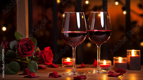 Two glasses of red wine on a wooden restaurant table with candles and red rose petals, romantic valentines day dinner date love and passion