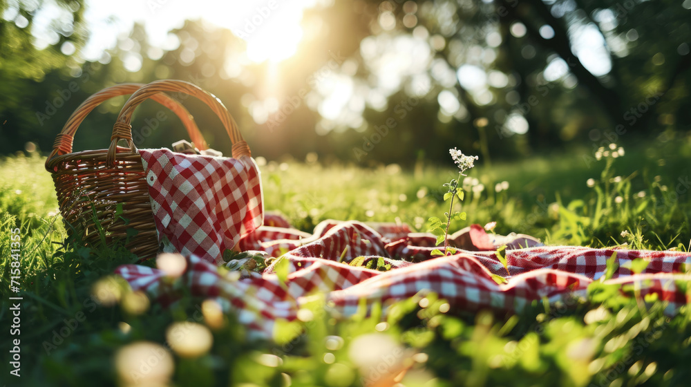 Wicker picnic basket with a red and white checkered cloth on it, set on a grassy field with dappled sunlight filtering through the trees. - obrazy, fototapety, plakaty 