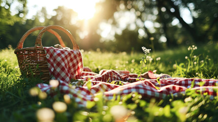 Wicker picnic basket with a red and white checkered cloth on it, set on a grassy field with dappled sunlight filtering through the trees.