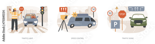Vehicle movement regulation isolated concept vector illustration set. Traffic laws, speed control, traffic signs, driving license, road safety, police radar, speed limit, transport vector concept.