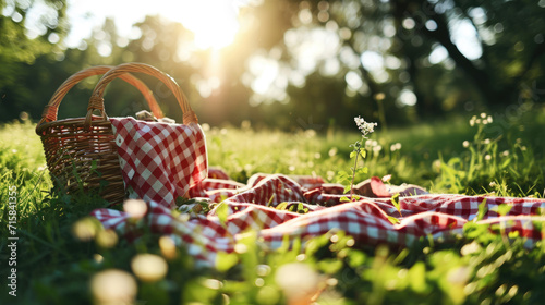 Wicker picnic basket with a red and white checkered cloth on it, set on a grassy field with dappled sunlight filtering through the trees. photo
