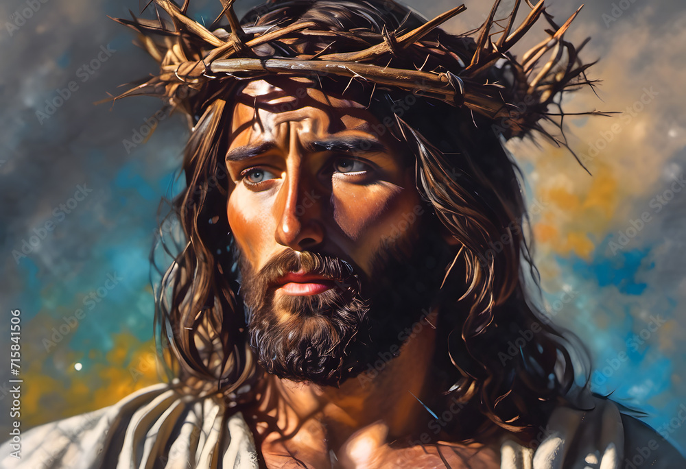 Φωτογραφία Portrait of Jesus Christ with crown of thorns, symbolizing sacrifice and redemption, against a colorful backdrop