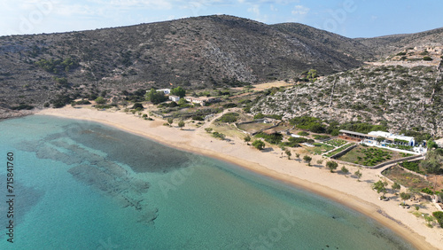 Aerial drone photo of paradise sandy beach of Livadi next to abandoned ruins of castle of Iraklia island, Small Cyclades islands, Greece photo