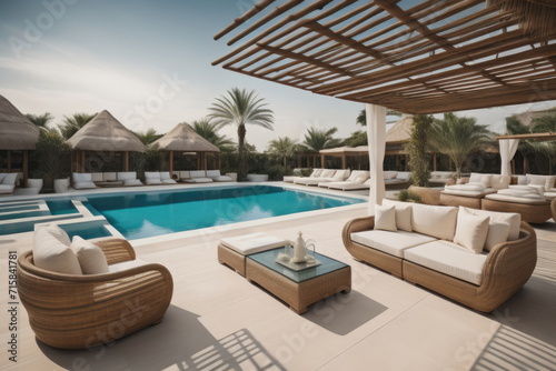 Poolside lounge with rattan sofa with ornaments pillows