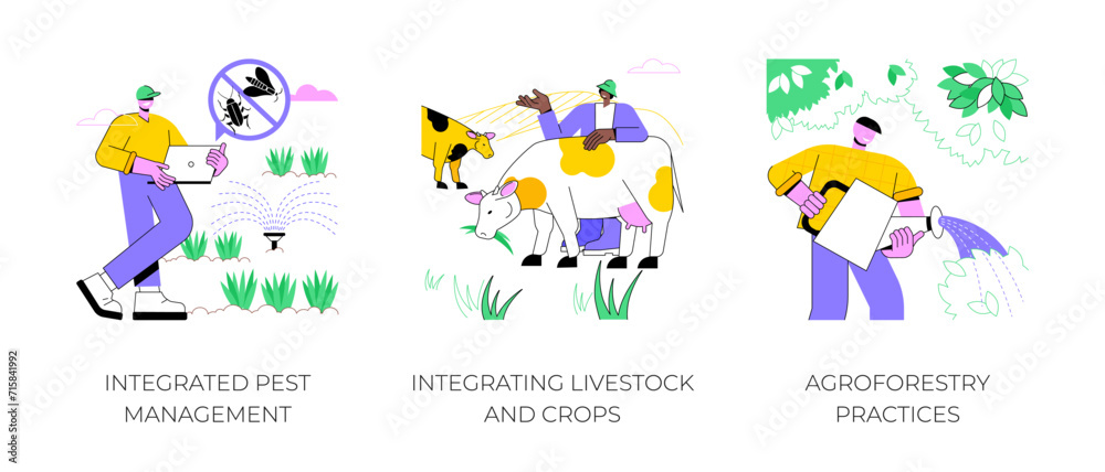 Sustainable agriculture plant cultivation isolated cartoon vector illustrations set. Integrated pest management, integrating livestock and crops, agroforestry practices vector cartoon.