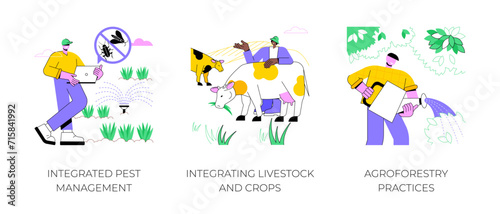 Sustainable agriculture plant cultivation isolated cartoon vector illustrations set. Integrated pest management  integrating livestock and crops  agroforestry practices vector cartoon.