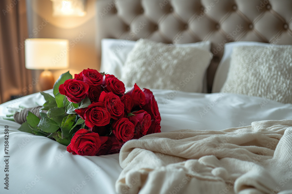 Luxurious Comfort Bed Adorned with a Bouquet of Red Roses - A Captivating Concept to Embrace the Romance of Valentine's Day Valentine's Elegance Luxurious Comfort Bed Adorned with a Bouquet of Red Roses - A Captivating Concept to Embrace the Romance of Valentine's Day Valentine's Elegance