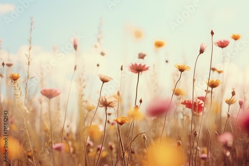 Sunlit field of wildflowers with a neutral backdrop, ideal for text overlay.