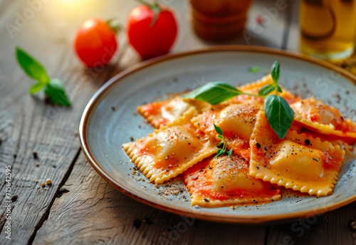 Closeup ravioli with tomato sauce, parmesan cheese, and basil on a plate, on top of a wooden table, tomatoes and olive oil in the background