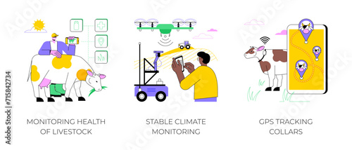 Smart farming isolated cartoon vector illustrations set. Monitoring health of livestock, stable climate monitoring, GPS tracking collars, IoT technology, modern agriculture vector cartoon. © Vector Juice