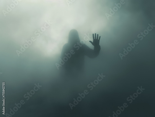 Spooky figure behind the smoke fog, scary situation concept